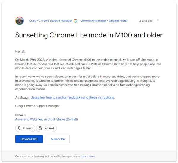 Chrome 100手机端将砍掉精简模式！谷歌：用户不缺流量