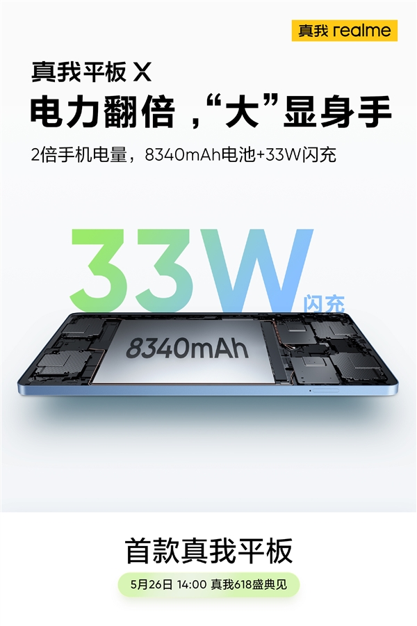 两倍手机电量！真我平板X续航曝光：8340mAh大电池、33W闪充