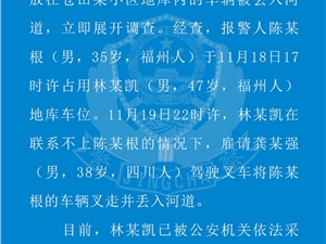 男子雇叉车将占位车扔河里 官方通报：已采取强制措施