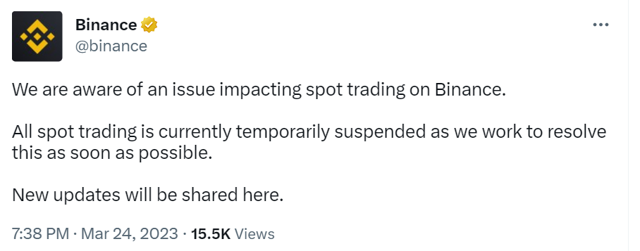 binance：现货交易出现问题已暂停，正努力解决-第1张图片-火必下载